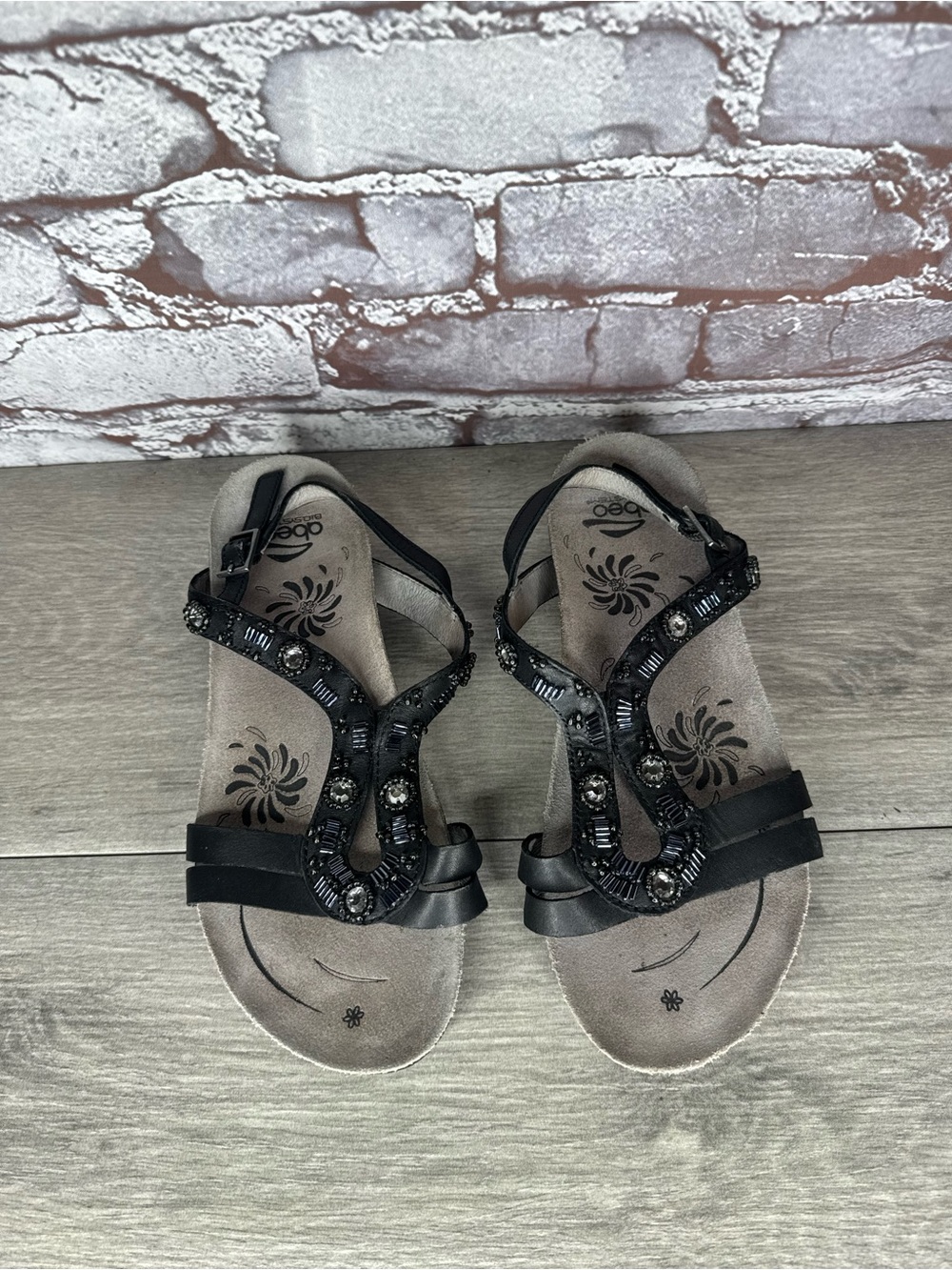 Abeo Neutral Black Leather Cheri Beaded Orthotic Comfort Buckle Sandals Women 7N